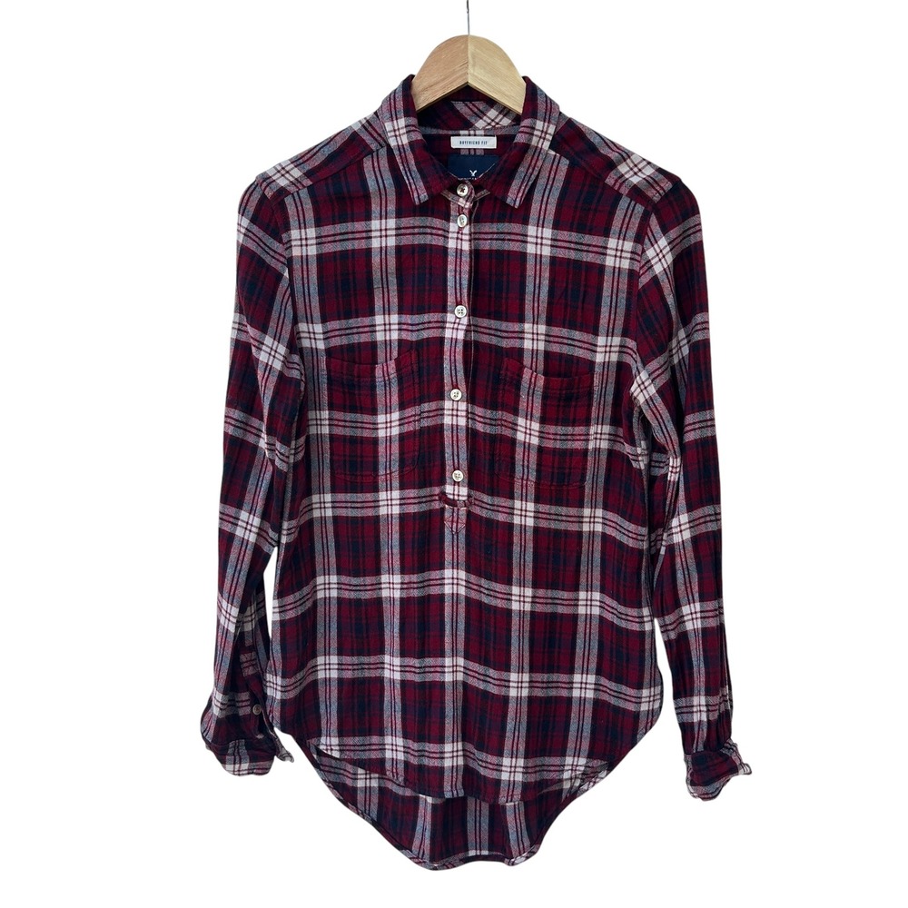 American Eagle Boyfriend Fit Flannel Red Plaid Button Up Shirt Grunge Casual S/P